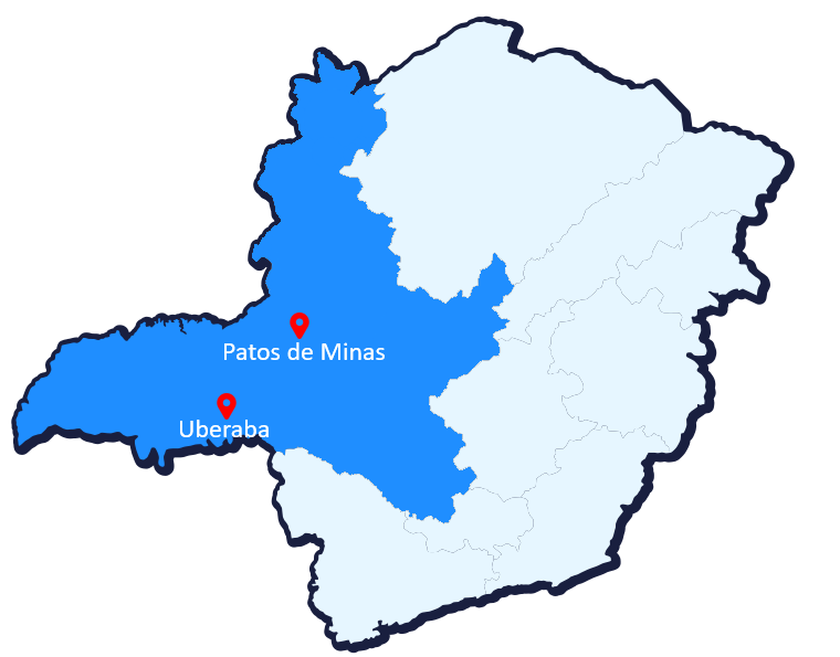 Mapa de Minas Gerais com regiões atendidas